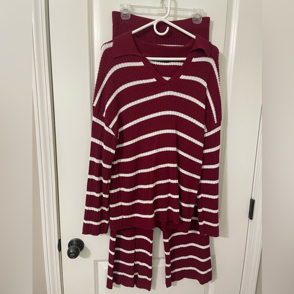 Striped Burgundy and White Knit Sweater Set